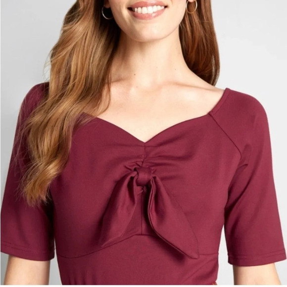 Vodoo Vixen Top Sweetheart Neckline Burgundy Knit Gathered Tie Knot 1950s 3X - Picture 1 of 7